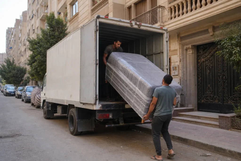 تحميل أثاث مغلف داخل شاحنة نقل