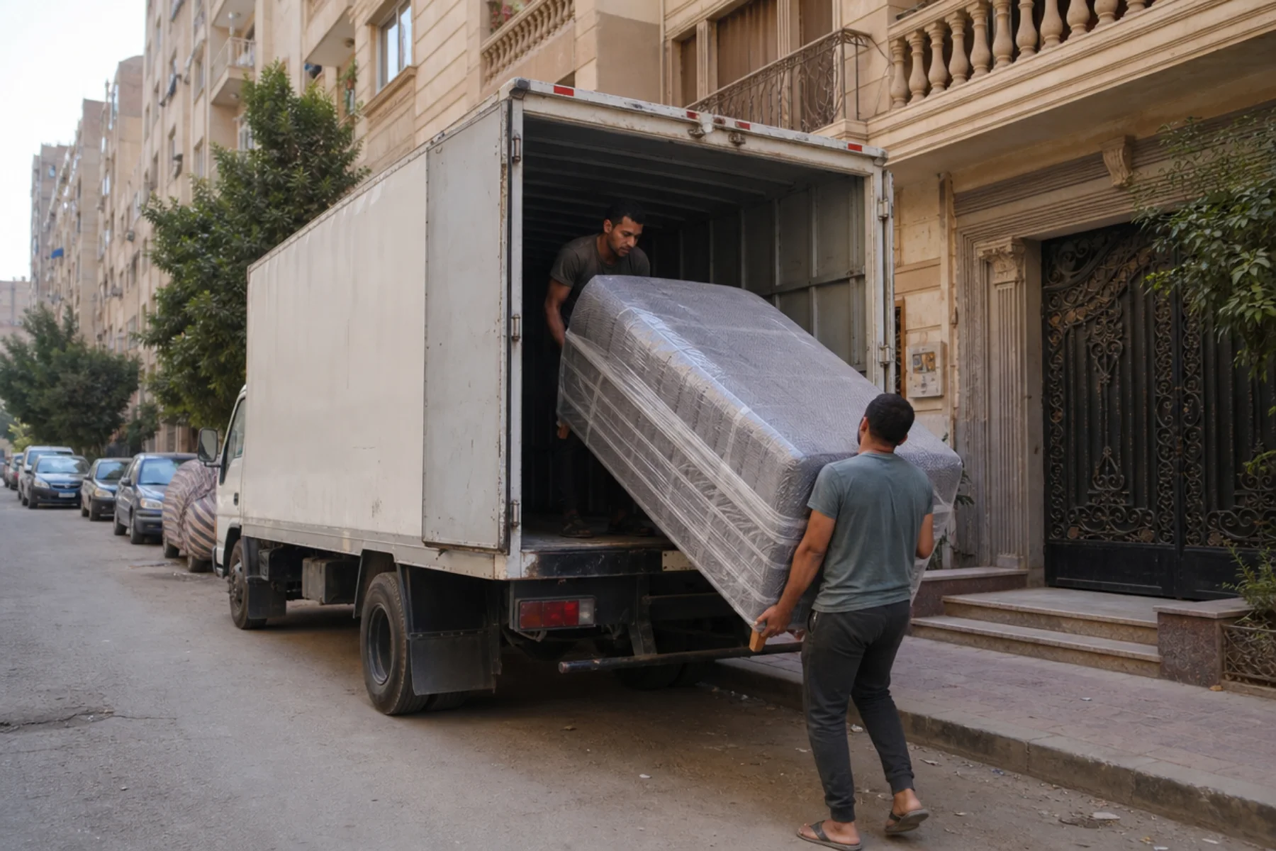 تحميل أثاث مغلف داخل شاحنة نقل